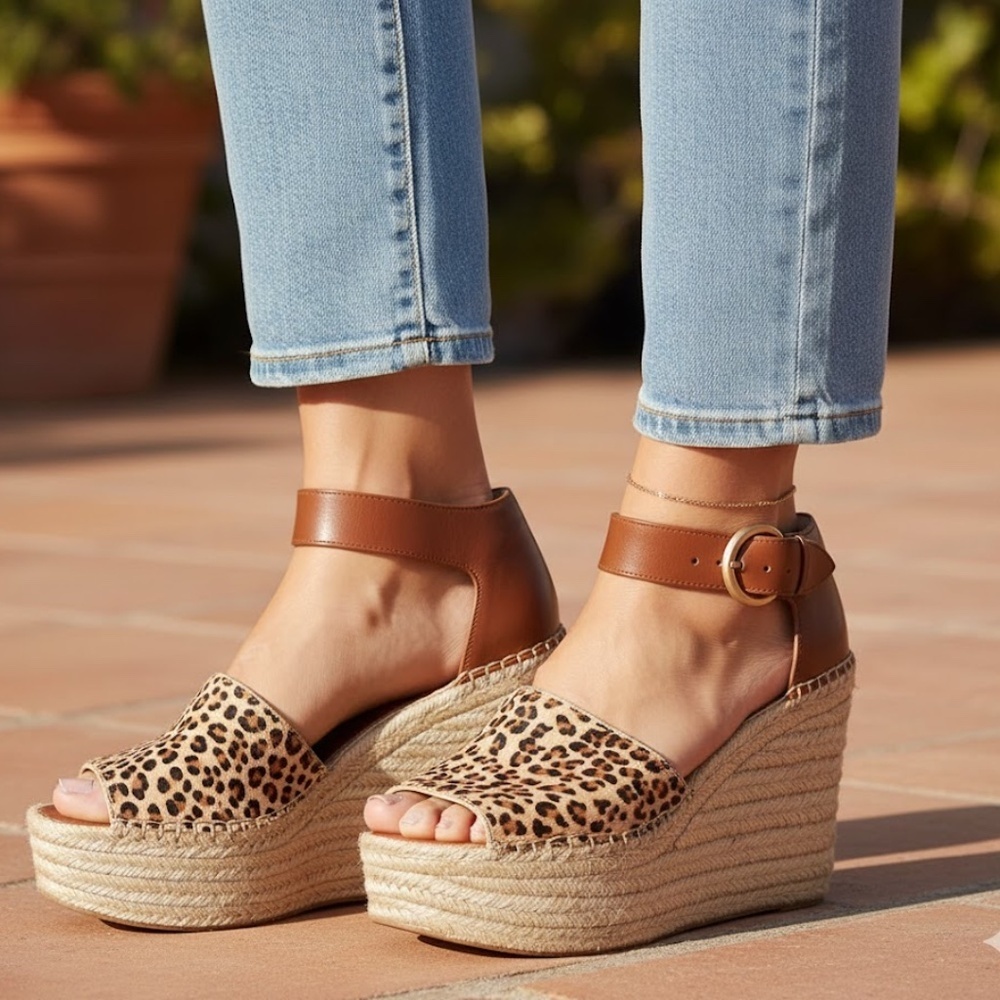NWB Marc Fisher Alidaly Leopard Cheetah Calf Hair Platform Espadrilles Size 8 M